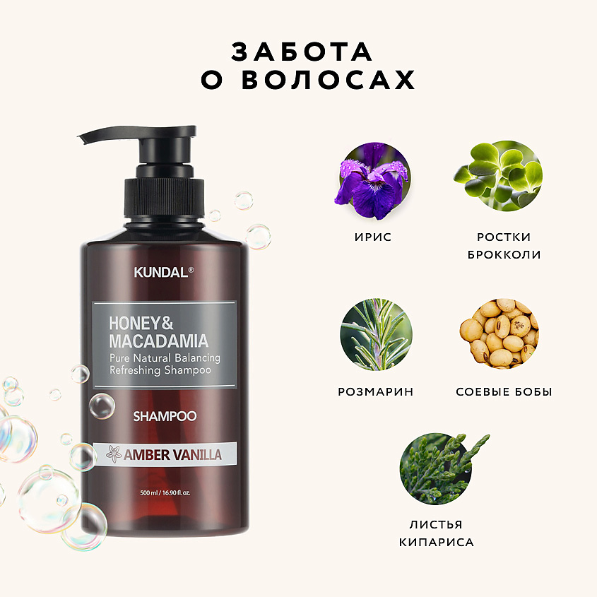 KUNDAL Шампунь для волос Амбровая ваниль Honey & Macadamia Shampoo – фото 3