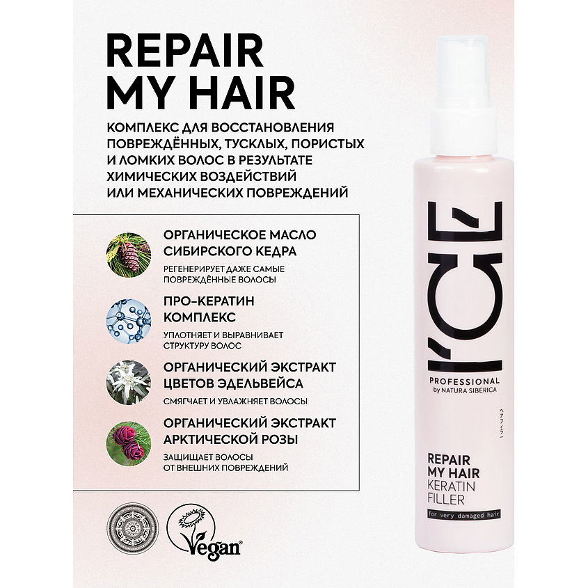 ICE BY NATURA SIBERICA Спрей для поврежденных волос кератиновый Repair My Hair Bio Keratin Filler – фото 2