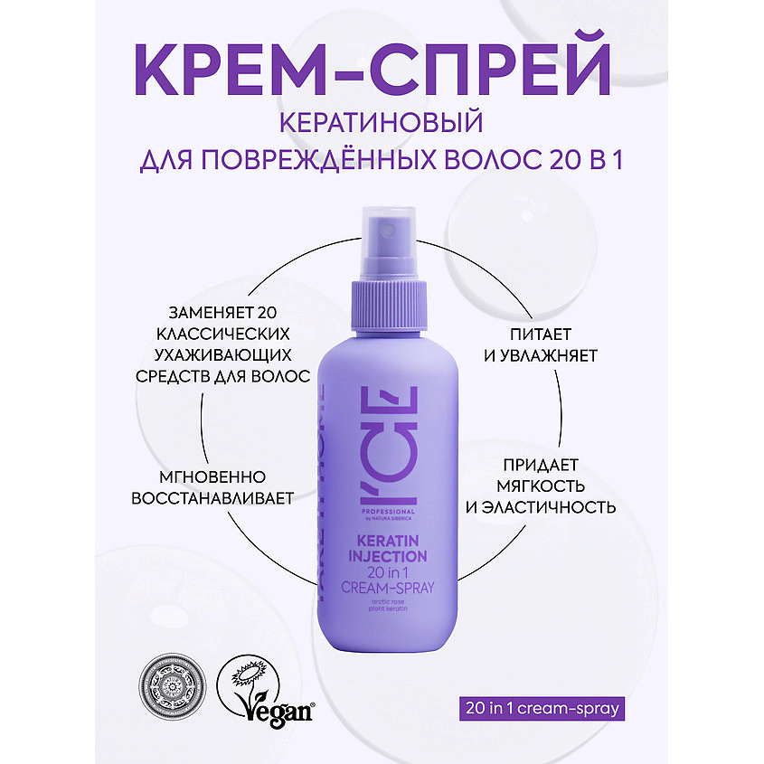 ICE BY NATURA SIBERICA Кератиновый крем - спрей для повреждённых волос Keratin Injection 20 in 1 Cream - Spray – фото 4
