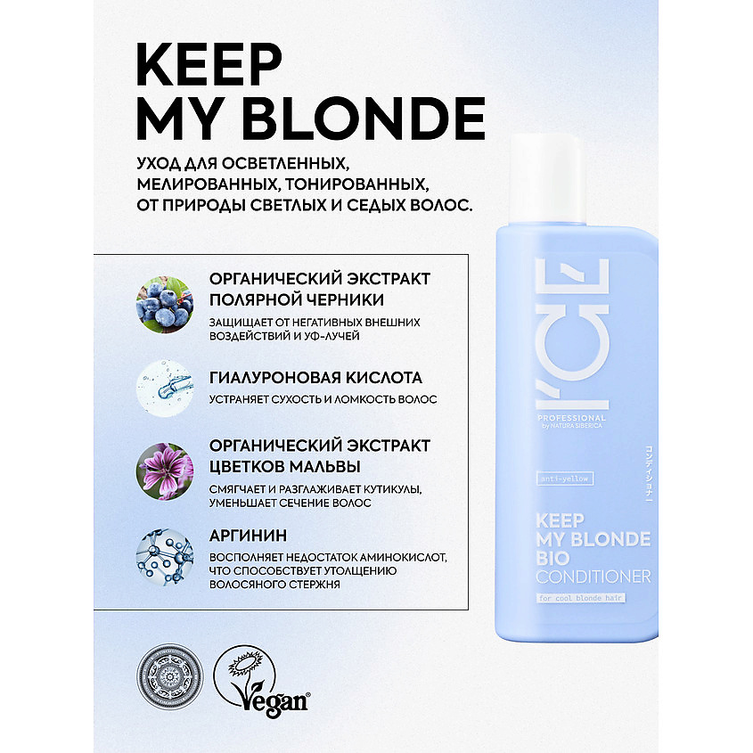 ICE BY NATURA SIBERICA Кондиционер для светлых волос тонирующий Keep My Blonde Bio Conditioner – фото 3