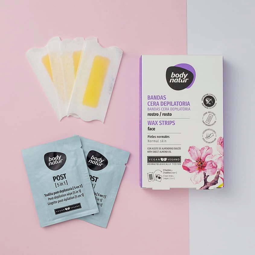 BODY NATUR Восковые полоски для депиляции для лица с миндальным маслом Wax Strips Hair Removal Face – фото 5